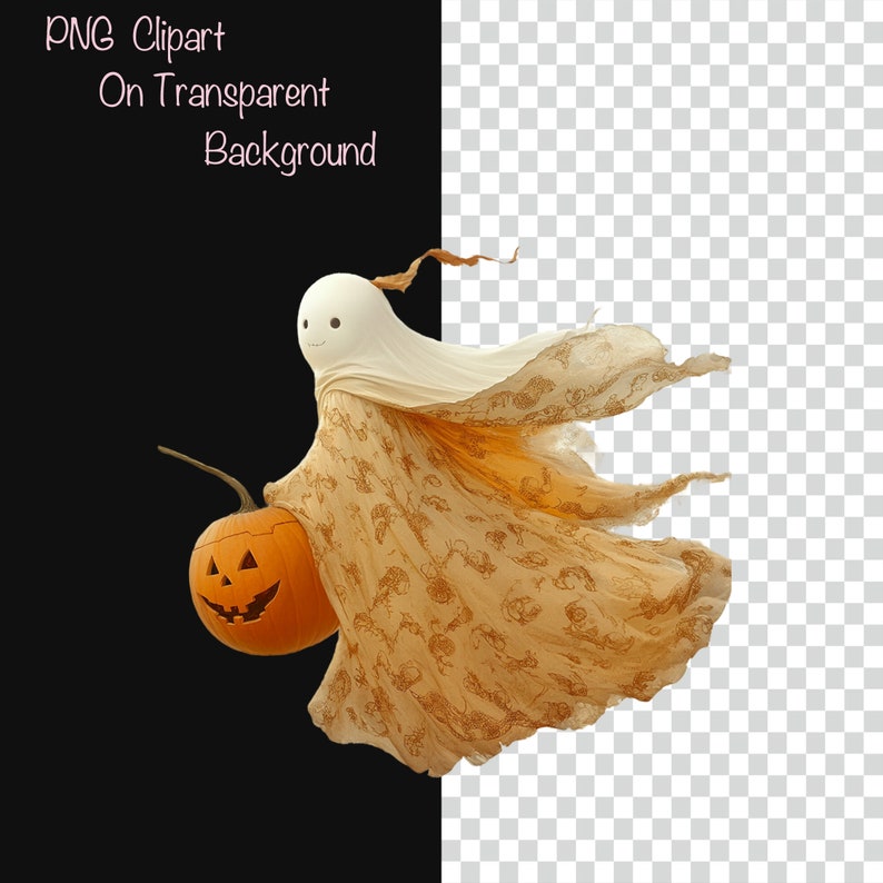 May include: A white ghost wearing a sheer, patterned shawl, holding a carved orange pumpkin with a jack-o'-lantern face. The ghost is flying through the air.