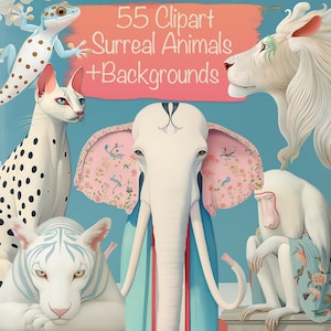55 Png Surreal Peculiar Animals Bundle + 20 Backgrounds, DIY, Cards, Junk Journal kit, Scrapbooking Supplies, Commercial use!
