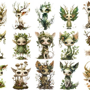 May include: A collection of 16 whimsical illustrations featuring woodland creatures with intricate details. Each creature is adorned with flowers, leaves, and other natural elements, creating a magical and enchanting aesthetic.