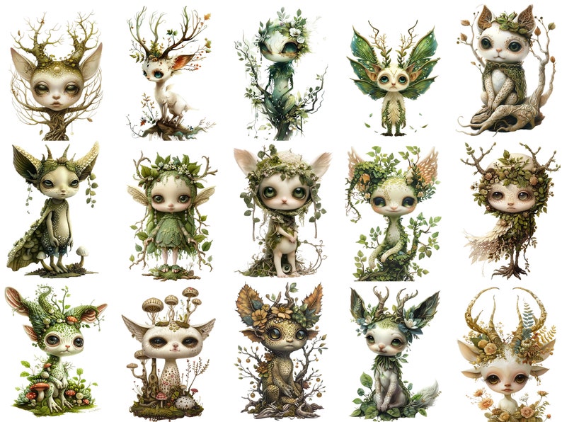May include: A collection of 16 whimsical illustrations featuring woodland creatures with intricate details. Each creature is adorned with flowers, leaves, and other natural elements, creating a magical and enchanting aesthetic.
