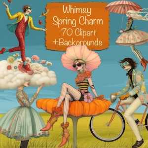 Pacchetto di 70 PNG di persone primaverili stravaganti, clipart + 20 sfondi, creazione di biglietti fai da te, kit per diario spazzatura, forniture per scrapbooking, uso commerciale!