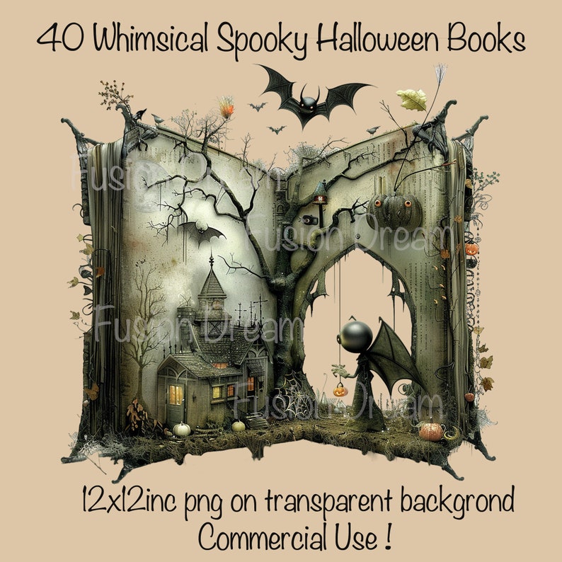 Pu&ograve; includere: Un'illustrazione digitale di un libro di Halloween spettrale con una casa infestata, un albero e un pipistrello. Il libro &egrave; aperto e la scena all'interno &egrave; una foresta oscura con una piccola casa e una figura con le ali. Il testo sull'immagine dice "40 Whimsical Spooky Halloween Books" e "12x12inc png on transparent background Commercial Use!"