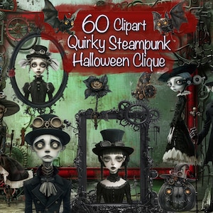 Pacote de clipart extravagante de cliques steampunk - 60 personagens + 20 fundos para artesanato de Halloween, scrapbooking e muito mais, uso comercial!