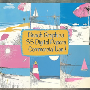 Summer Beach Graphics Digital Papers Bundle, DIY Card Making, Junk Journal Supplies, Scrapbooking Kit, Collage, Commercieel gebruik!