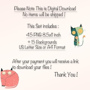May include: Digital download announcement with text including "45 PNG 8.5x11 inch" and "US Letter Size or A4 Format." The image features two cartoon cats, one green and one pink, on a cream-colored background.