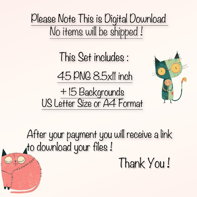 May include: Digital download announcement with text including "45 PNG 8.5x11 inch" and "US Letter Size or A4 Format." The image features two cartoon cats, one green and one pink, on a cream-colored background.