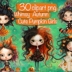 Entzückende kleine Kürbis-Mädchen Clipart - 30 PNGs für Halloween-Handwerk, für Kartenherstellung, Sublimation, Bücher usw. Kommerzielle Nutzung!