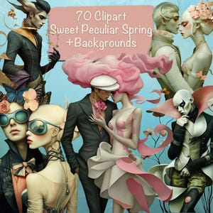 ¡70 PNG personajes peculiares de primavera clipart + 20 fondos, fabricación de tarjetas DIY, kit de diario basura, suministros para álbumes de recortes, uso comercial!