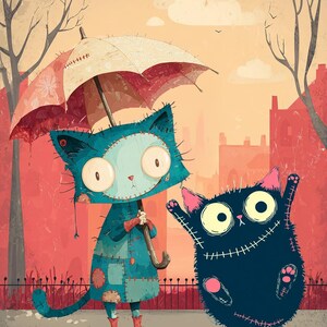 May include: Illustration of two cartoon cats in a city scene. One cat, in a blue patchwork coat, holds a cream and red umbrella. The other, a black cat, has its arms raised. The background features a red-toned cityscape and bare trees.