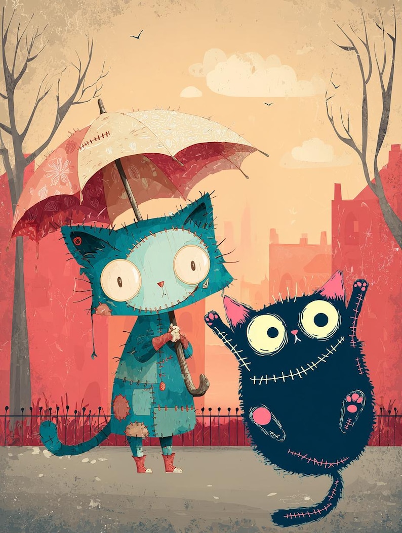 May include: Illustration of two cartoon cats in a city scene. One cat, in a blue patchwork coat, holds a cream and red umbrella. The other, a black cat, has its arms raised. The background features a red-toned cityscape and bare trees.
