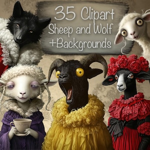 35 personaggi divertenti e stravaganti di pecore e lupi + 10 sfondi, fai da te, kit per scrapbooking, materiali per diario spazzatura, creazione di biglietti, uso commerciale!