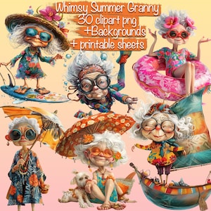 Grappige eigenzinnigheid zomer oma 30 clipart png + achtergronden + bladen, kaart maken, collage kit, junk journal, boeken, commercieel gebruik!