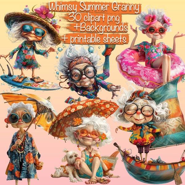 30 witzige Sommer Oma 30 Cliparts png + Hintergründe + Blätter, Kartenherstellung, Collage Kit, Junk journal, Bücher, Kommerzielle Nutzung!