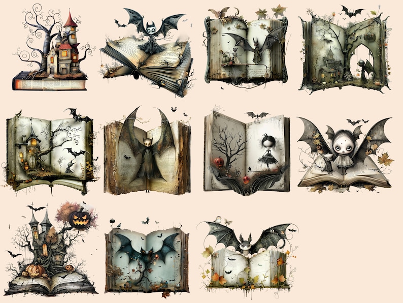Pu&ograve; includere: Un set di 10 illustrazioni digitali che presentano scene di Halloween inquietanti con pipistrelli, case infestate e alberi. Ogni scena &egrave; rappresentata come un libro aperto con un'estetica gotica vintage.