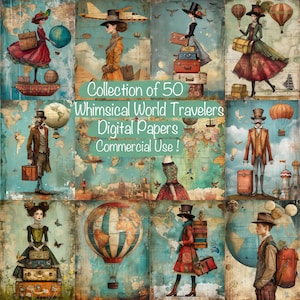 Raccolta di 50 carte digitali Whimsical World Traveler, biglietti, scrapbooking, libri, inviti, arte digitale, diario spazzatura, uso commerciale