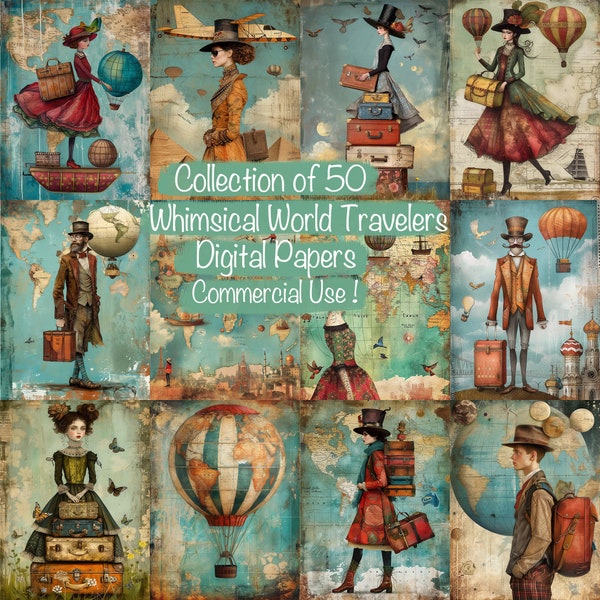 Collection of 50 Whimsical World Traveler Digital papers, Cards, Scrapbooking, Books, Invitations,Digital art, Junk Journal, Commercial Use