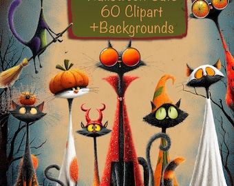Könnte beinhalten: Eine digitale Illustration von Halloween-Katzen in verschiedenen Kostümen. Die Katzen sind als Hexe, Vampir und Kürbis dargestellt. Der Text "Halloween Cats 60 Clipart + Backgrounds" ist auf einem grünen Schild zu sehen.
