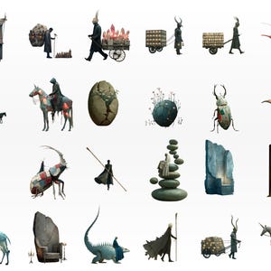 Op de afbeelding: Een verzameling grillige illustraties met figuren met langgerekte ledematen en fantastische wezens. De afbeeldingen bevatten een persoon die een kar met kristallen trekt, figuren die op dieren rijden en een persoon die bij een kraam staat.