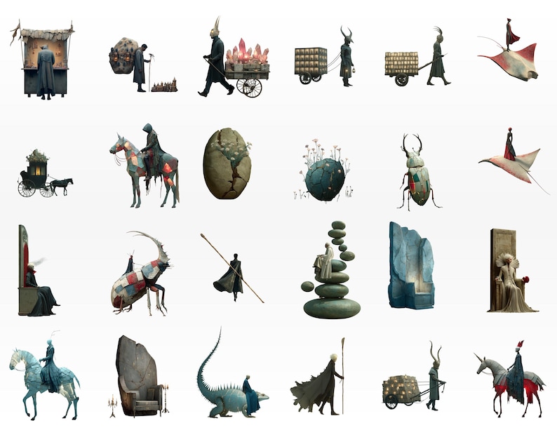 Op de afbeelding: Een verzameling grillige illustraties met figuren met langgerekte ledematen en fantastische wezens. De afbeeldingen bevatten een persoon die een kar met kristallen trekt, figuren die op dieren rijden en een persoon die bij een kraam staat.