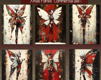May include: A set of six digital papers featuring whimsical Christmas fairies with intricate wings and colorful patchwork clothing. The fairies are depicted against a red and white background with snowflakes and other festive elements.