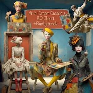 Puede incluir: Arte digital que presenta figuras con atuendos artísticos, sosteniendo paletas y pinceles. La imagen incluye el texto "Artist Dream Escape, 80 Clipart + Backgrounds" en un letrero. La paleta de colores incluye amarillo, azul y rojo.