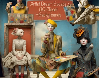 Artist Dream Escape Characters,  80 Clipart Bundle + 15 Backgrounds, For Cards, Junk Journal, Scrapbook, Collage, Commercial use!
