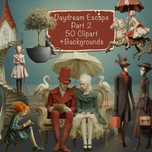 以下が含まれることがあります： 「Daydream Escape Part 2」と題された、さまざまなヴィンテージ衣装の人物が登場する気まぐれなデジタルアート作品。メリーゴーランドの馬に乗る女性、読書をするカップル、その他のキャラクターがシュールな風景の中に描かれています。「50 Clipart + Backgrounds」というテキストが含まれています。