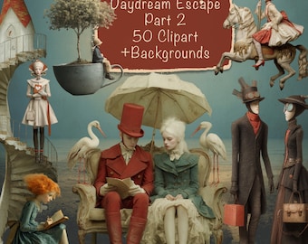 Personajes de Daydream Escape Parte 2: 50 imágenes prediseñadas PNG + 15 fondos, bricolaje, tarjetas, kit de diario basura, suministros para álbumes de recortes, uso comercial.