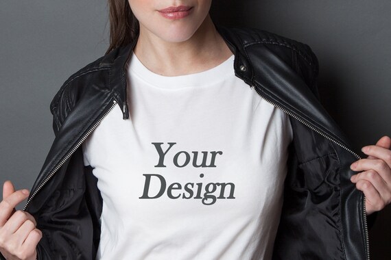 Download Woman Model Mock Up White T Shirt And Black Leather Jacket Etsy