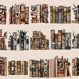 May include: A collection of 12 stacks of books with various spooky and whimsical faces carved into the spines. The books are arranged in three rows of four stacks each. The books are all different sizes and shapes, and they are all covered in a variety of colours and patterns. Some of the faces are smiling, while others are frowning or grimacing. The books are all made of wood and they are all hand-carved.