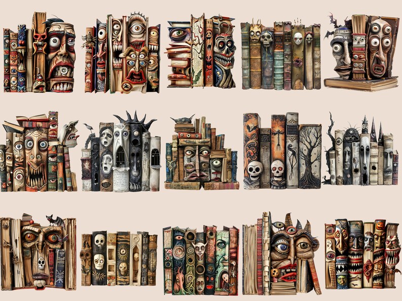 May include: A collection of 12 stacks of books with various spooky and whimsical faces carved into the spines. The books are arranged in three rows of four stacks each. The books are all different sizes and shapes, and they are all covered in a variety of colours and patterns. Some of the faces are smiling, while others are frowning or grimacing. The books are all made of wood and they are all hand-carved.