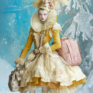 Puede incluir: Una mujer con un vestido amarillo y blanco con un gran cuello con volantes y un sombrero rosa y blanco. Lleva un bolso rosa y blanco y un bolso blanco con dise&ntilde;os florales. El fondo es una escena nevada azul y blanca.