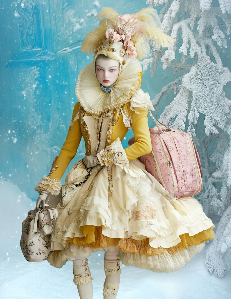 Puede incluir: Una mujer con un vestido amarillo y blanco con un gran cuello con volantes y un sombrero rosa y blanco. Lleva un bolso rosa y blanco y un bolso blanco con dise&ntilde;os florales. El fondo es una escena nevada azul y blanca.