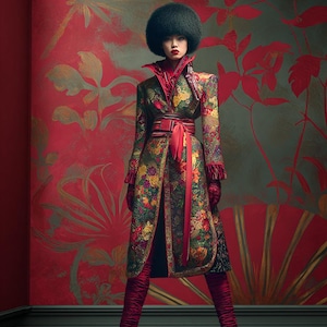 Puede incluir: Una persona con un abrigo con estampado floral con cintur&oacute;n rojo y botas rojas a juego. El abrigo tiene un cuello alto y se combina con guantes rojos. El fondo presenta un papel pintado floral rojo.