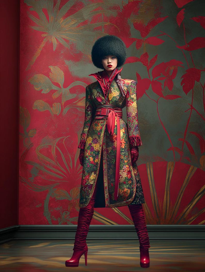 Puede incluir: Una persona con un abrigo con estampado floral con cintur&oacute;n rojo y botas rojas a juego. El abrigo tiene un cuello alto y se combina con guantes rojos. El fondo presenta un papel pintado floral rojo.