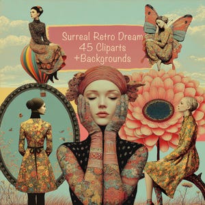 Puede incluir: Ilustración digital con temática de sueño retro surrealista. La obra de arte incluye una mujer en globo aerostático, una mujer con alas de mariposa y una mujer con tatuajes florales. El texto "Surreal Retro Dream 45 Cliparts + Backgrounds" se muestra.