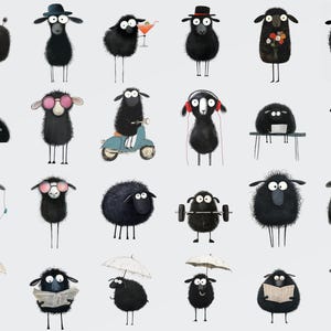 May include: A collection of 24 black sheep illustrations with various accessories and activities, including a sheep wearing sunglasses, a sheep riding a scooter, a sheep lifting weights, and a sheep reading a newspaper.