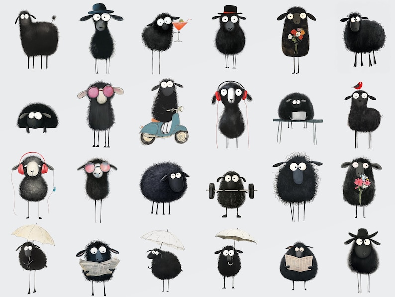 May include: A collection of 24 black sheep illustrations with various accessories and activities, including a sheep wearing sunglasses, a sheep riding a scooter, a sheep lifting weights, and a sheep reading a newspaper.