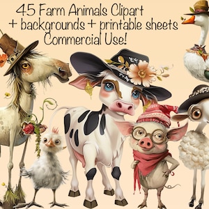 Lot de 45 images clipart png + 15 arrière-plans + feuilles imprimables - Animaux de la ferme amusants - Pour cartes, tasses, t-shirts, carnet de bord, usage commercial !