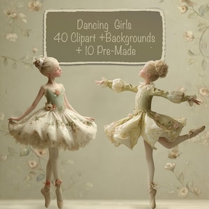 Puede incluir: Dos jóvenes bailarinas con trajes de ballet. Una niña lleva un vestido verde claro y crema con detalles florales, la otra un vestido amarillo. La imagen incluye el texto "Dancing Girls 40 Clipart + Backgrounds + 10 Pre-Made".