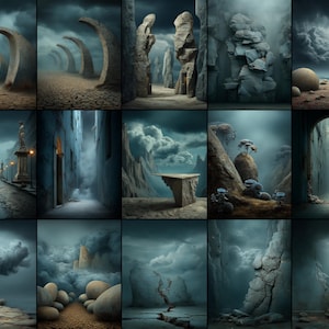 Op de afbeelding: Een verzameling digitale kunstprints met surrealistische landschappen. De afbeeldingen tonen stenen bogen, torenhoge rotsformaties en dramatische wolkenformaties. Het kleurenpalet wordt gedomineerd door tinten grijs, blauw en bruin, wat een sfeervolle uitstraling cre&euml;ert.