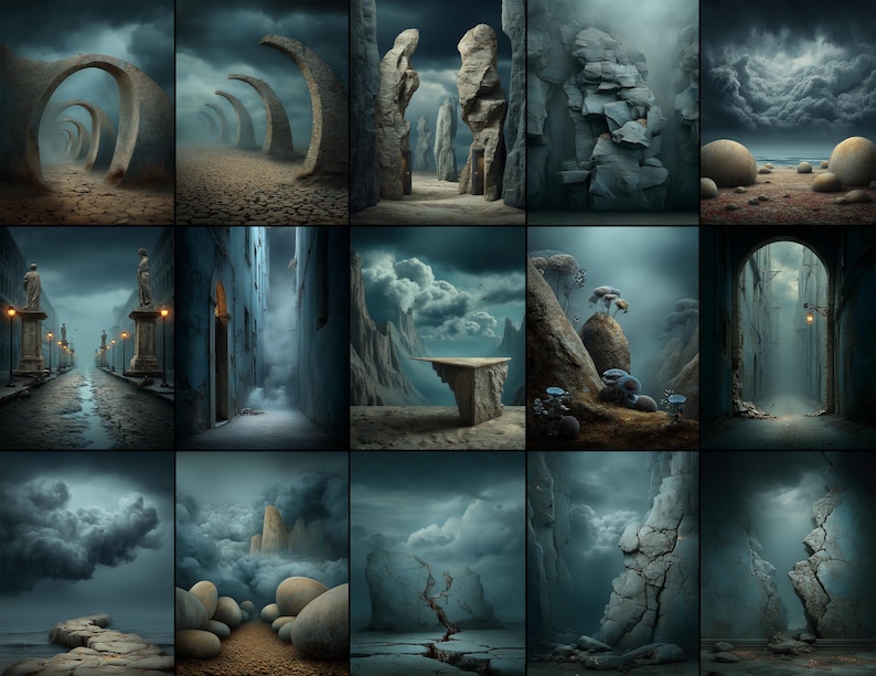 Op de afbeelding: Een verzameling digitale kunstprints met surrealistische landschappen. De afbeeldingen tonen stenen bogen, torenhoge rotsformaties en dramatische wolkenformaties. Het kleurenpalet wordt gedomineerd door tinten grijs, blauw en bruin, wat een sfeervolle uitstraling cre&euml;ert.