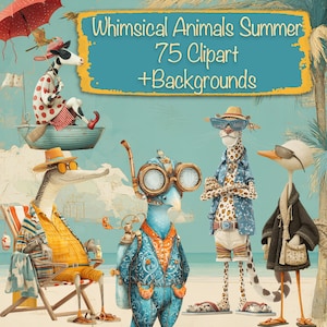 Dieren grillige zomerbundel 75 clipart + 15 achtergrond, kaarten maken, DIY-kaarten maken, benodigdheden voor tijdschriften, scrapbookingkit, commercieel gebruik!