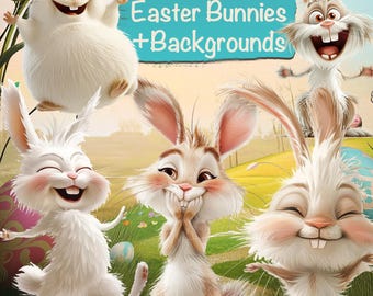 Op de afbeelding: Een set van 40 clipart-afbeeldingen met schattige cartoon-paashazen in verschillende poses. De konijnen zijn wit en bruin met grote ogen en glimlachen. De achtergrond is een groen veld met gele bloemen en paaseieren.