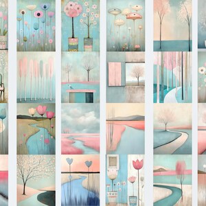 Puede incluir: Una colecci&oacute;n de 16 impresiones de arte digital que presentan paisajes caprichosos con colores pastel, &aacute;rboles, flores y r&iacute;os. Las impresiones est&aacute;n dispuestas en una cuadr&iacute;cula.