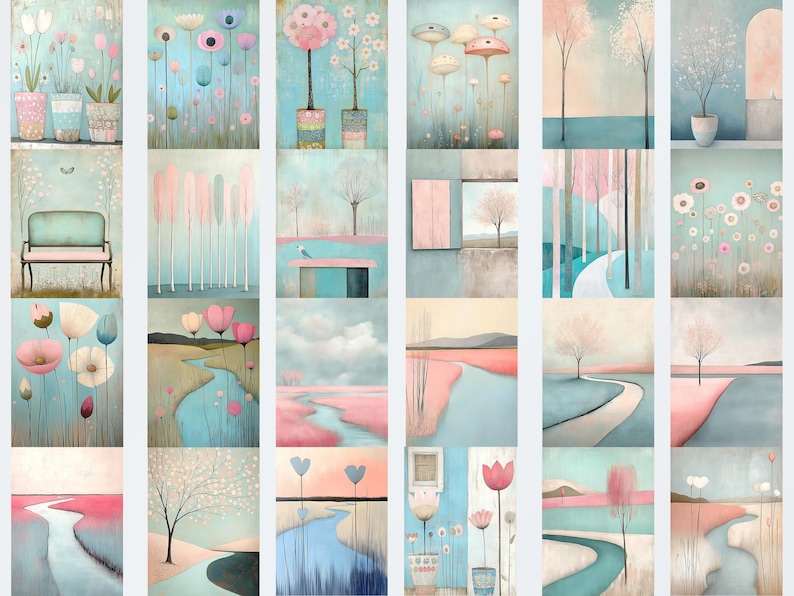 Puede incluir: Una colecci&oacute;n de 16 impresiones de arte digital que presentan paisajes caprichosos con colores pastel, &aacute;rboles, flores y r&iacute;os. Las impresiones est&aacute;n dispuestas en una cuadr&iacute;cula.
