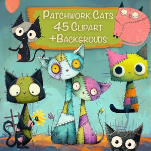 Può includere: Illustrazioni di gatti patchwork stravaganti in vari colori, ognuno con grandi occhi espressivi. L'immagine include il testo "Patchwork Cats 45 Clipart + Backgrounds" su uno striscione verde. Un gatto tiene un fiore, e un altro è attaccato a un palloncino.