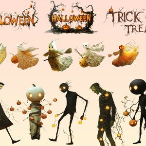 May include: A digital illustration of Halloween themed characters. The illustration features ghosts, pumpkin people, and a spooky figure with glowing eyes. The text "Halloween" and "Trick or Treat" are also included in the illustration.
