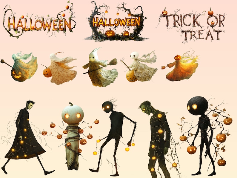 May include: A digital illustration of Halloween themed characters. The illustration features ghosts, pumpkin people, and a spooky figure with glowing eyes. The text "Halloween" and "Trick or Treat" are also included in the illustration.