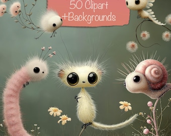 May include: Digital artwork of fantastical garden creatures with large eyes and fluffy bodies. The image includes a pink worm-like character, a snail, and other beings with floral details. Text reads "Tiny Garden Beings 50 Clipart + Backgrounds."